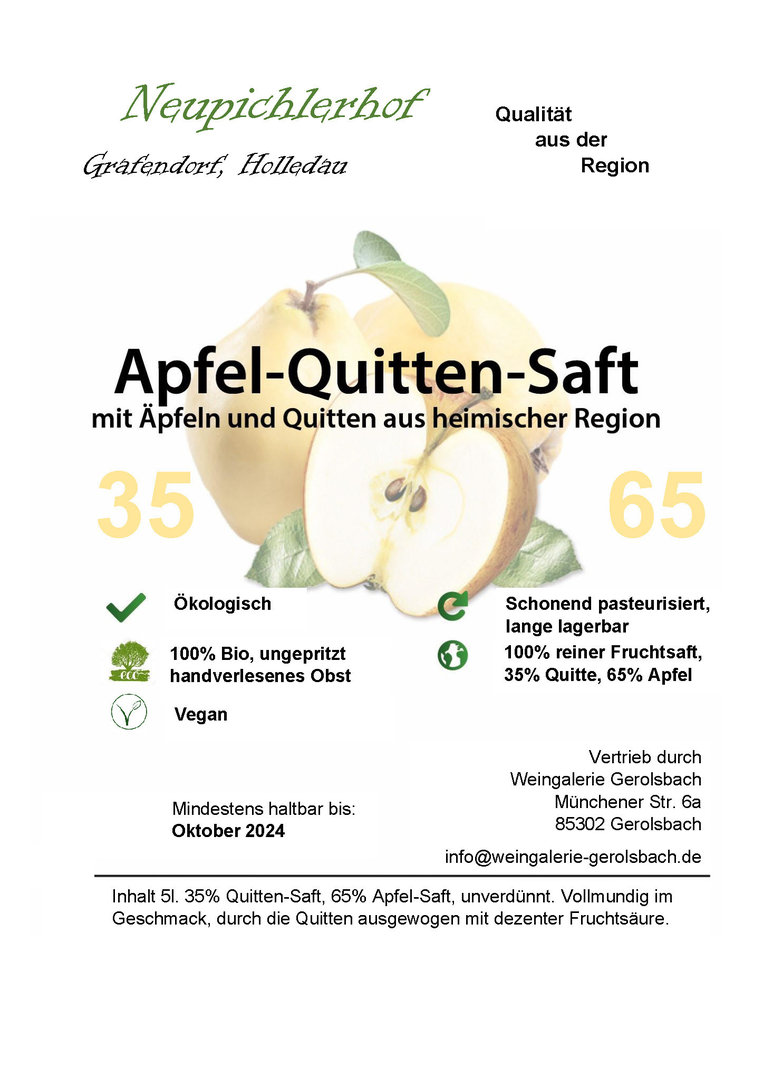 Apfel-Quittensaft Holledau 65/35, 5l Box